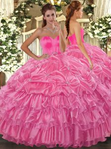 Perfect Rose Pink Ball Gowns Organza Sweetheart Sleeveless Beading and Ruffled Layers Floor Length Lace Up 15 Quinceanera Dress