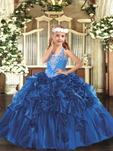 Affordable V-neck Sleeveless Lace Up Pageant Gowns For Girls Blue Organza