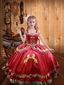 Superior Floor Length Coral Red Kids Formal Wear Off The Shoulder Sleeveless Lace Up