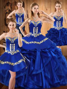 Affordable Royal Blue Sweetheart Lace Up Embroidery and Ruffles Sweet 16 Dresses Sleeveless