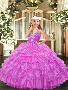 Adorable Lilac Sleeveless Beading and Ruffled Layers and Pick Ups Floor Length Kids Formal Wear
