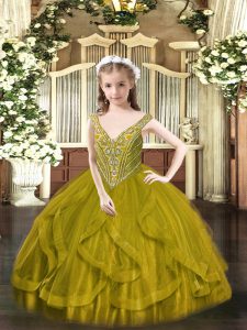 Fancy Tulle V-neck Sleeveless Lace Up Beading and Ruffles Pageant Dress Wholesale in Olive Green