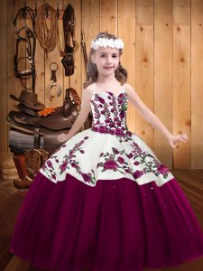 Tulle Straps Sleeveless Lace Up Embroidery Kids Formal Wear in Fuchsia