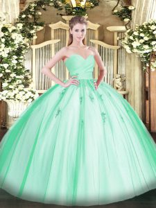 Deluxe Apple Green Ball Gowns Beading and Appliques Quinceanera Dresses Lace Up Tulle Sleeveless Floor Length