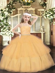 Latest Orange Ball Gowns Straps Sleeveless Organza Floor Length Zipper Beading and Lace and Ruffled Layers Winning Pageant Gowns