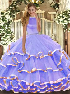 Extravagant Lavender 15 Quinceanera Dress Military Ball and Sweet 16 and Quinceanera with Beading and Ruffled Layers Halter Top Sleeveless Backless