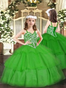 Fancy Floor Length Green Kids Pageant Dress Straps Sleeveless Lace Up