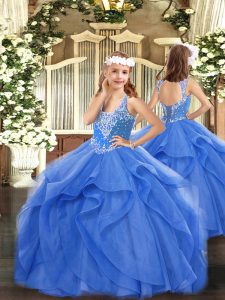 Tulle Sleeveless Floor Length Pageant Gowns For Girls and Beading and Ruffles
