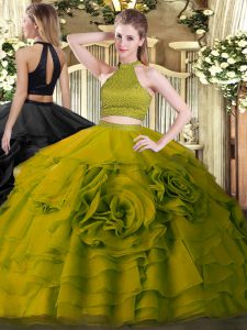 Best Selling Olive Green Backless Sweet 16 Dresses Beading and Ruffles Sleeveless Floor Length