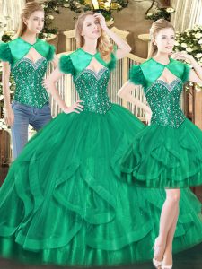 Fancy Dark Green Sweetheart Lace Up Beading and Ruffles Ball Gown Prom Dress Sleeveless