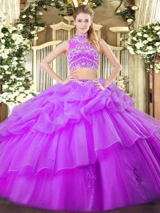 Floor Length Eggplant Purple Sweet 16 Quinceanera Dress Tulle Sleeveless Beading and Ruffles and Pick Ups