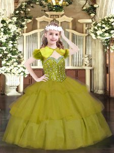 Straps Sleeveless Pageant Dress for Womens Floor Length Beading and Ruffled Layers Olive Green Organza
