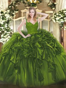 Popular Olive Green Quinceanera Dress Sweet 16 and Quinceanera with Beading and Ruffles V-neck Sleeveless Zipper