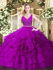 V-neck Sleeveless Quince Ball Gowns Floor Length Beading Fuchsia Fabric With Rolling Flowers