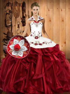Designer Wine Red Lace Up Quinceanera Gown Embroidery and Ruffles Sleeveless Floor Length