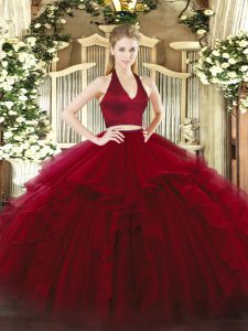 Classical Wine Red Two Pieces Ruffles 15th Birthday Dress Zipper Organza Sleeveless Floor Length