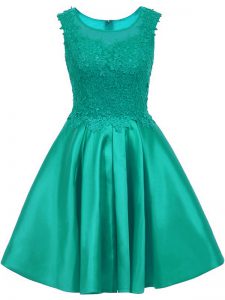 Romantic Turquoise A-line Satin Scoop Sleeveless Lace Mini Length Zipper Quinceanera Court of Honor Dress