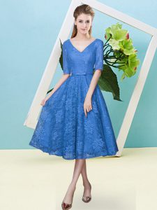 New Style Bowknot Quinceanera Court of Honor Dress Blue Lace Up Half Sleeves Tea Length