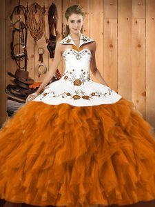 Floor Length Orange Red Quinceanera Gown Halter Top Sleeveless Lace Up