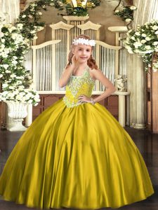 Customized Gold Sleeveless Floor Length Beading Lace Up Kids Formal Wear