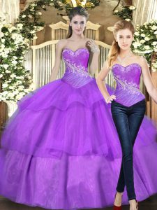 Elegant Eggplant Purple Sweetheart Neckline Beading and Ruffled Layers Ball Gown Prom Dress Sleeveless Lace Up