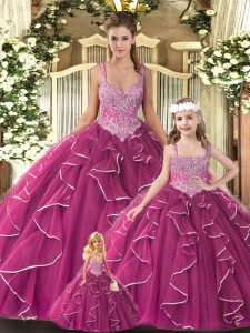 Fuchsia Sleeveless Tulle Lace Up Vestidos de Quinceanera for Military Ball and Sweet 16 and Quinceanera