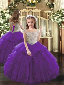 Floor Length Purple Kids Formal Wear Off The Shoulder Sleeveless Lace Up