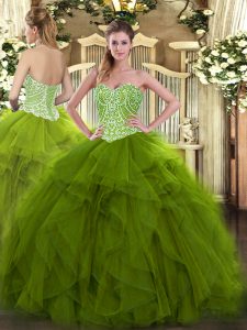 Sophisticated Beading and Ruffles Sweet 16 Dresses Olive Green Lace Up Sleeveless Floor Length
