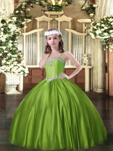 Sweet Straps Sleeveless Pageant Dress for Womens Floor Length Beading Olive Green Satin