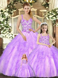 Pretty Sleeveless Floor Length Beading and Ruffles Lace Up Quinceanera Dress with Lilac