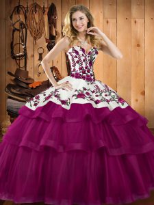 Fuchsia Ball Gowns Sweetheart Sleeveless Organza Floor Length Lace Up Embroidery Quinceanera Gown