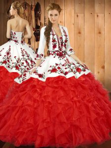 Red Ball Gowns Sweetheart Sleeveless Tulle Floor Length Lace Up Embroidery and Ruffles 15 Quinceanera Dress