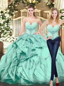 Custom Designed Floor Length Lace Up Sweet 16 Quinceanera Dress Apple Green for Military Ball and Sweet 16 and Quinceanera with Beading and Ruffles