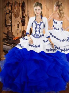 Low Price Strapless Sleeveless Quinceanera Gown Floor Length Embroidery and Ruffles Blue Satin and Organza