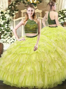 Shining Floor Length Ball Gowns Sleeveless Yellow Green 15 Quinceanera Dress Zipper