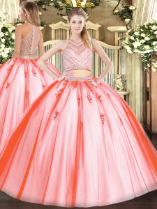 High Class Watermelon Red Two Pieces Scoop Sleeveless Tulle Floor Length Zipper Beading Sweet 16 Dress