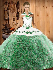Elegant Multi-color Lace Up Halter Top Embroidery Sweet 16 Dress Fabric With Rolling Flowers Sleeveless Sweep Train