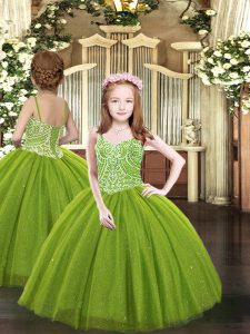 Floor Length Olive Green Pageant Gowns For Girls Tulle Sleeveless Beading