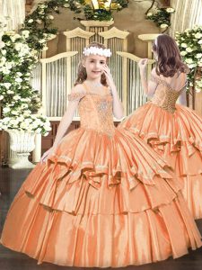 Sleeveless Organza Floor Length Lace Up Little Girls Pageant Dress Wholesale in Orange with Beading and Ruffled Layers