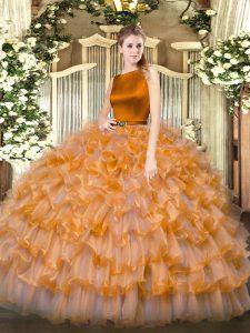 Edgy Floor Length Clasp Handle Quinceanera Dress Orange Red for Military Ball and Sweet 16 and Quinceanera with Ruffled Layers