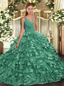 Elegant Apple Green Sleeveless Floor Length Beading and Ruffles Backless Quinceanera Dresses
