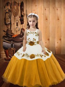 Gold Ball Gowns Embroidery Child Pageant Dress Lace Up Organza Sleeveless Floor Length