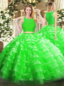 Edgy Floor Length Green Vestidos de Quinceanera Organza Sleeveless Lace and Ruffled Layers