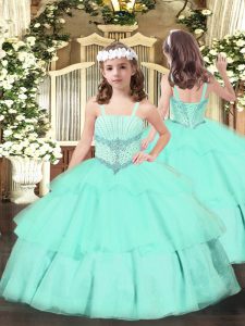On Sale Apple Green Sleeveless Beading and Ruffled Layers Floor Length High School Pageant Dress