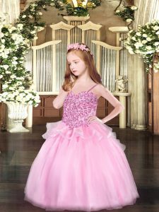 Excellent Spaghetti Straps Sleeveless Lace Up Little Girls Pageant Gowns Pink Organza