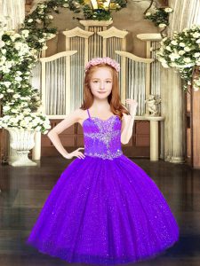 Simple Beading Little Girls Pageant Dress Purple Lace Up Sleeveless Floor Length