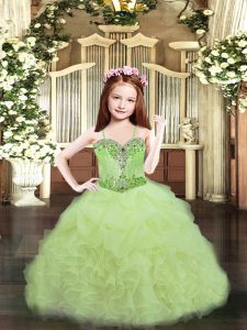 Sweet Yellow Green Lace Up Spaghetti Straps Beading and Ruffles and Pick Ups Little Girl Pageant Dress Organza Sleeveless