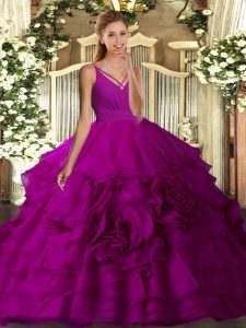 Customized Fabric With Rolling Flowers V-neck Sleeveless Sweep Train Backless Ruching Sweet 16 Dress in Fuchsia