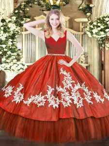 Wine Red Ball Gowns Tulle V-neck Sleeveless Beading and Appliques Floor Length Zipper Quinceanera Gown