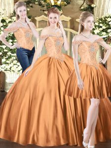 Tulle Off The Shoulder Sleeveless Lace Up Beading Vestidos de Quinceanera in Brown